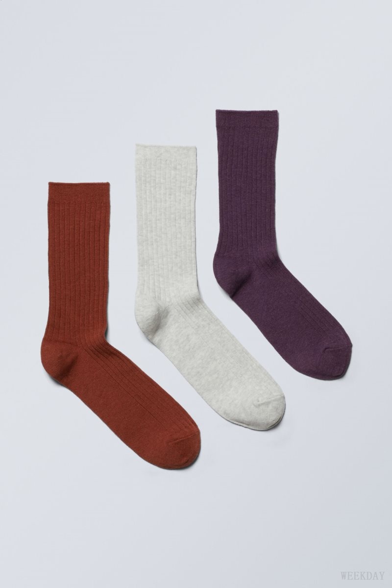 Weekday 3-pack Rib Socks Orange Beige Purple | YGWU2847