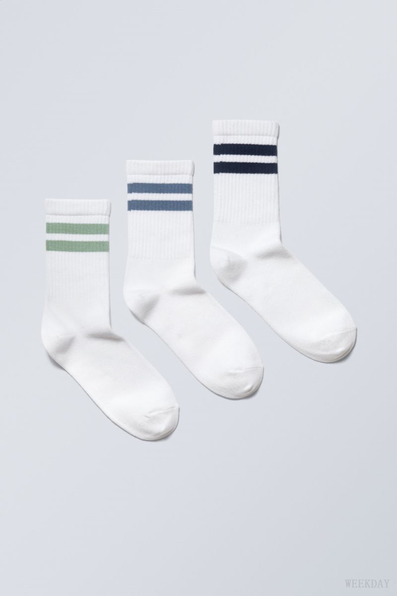 Weekday 3-pack Sport Striped Socks Black Blue Green Stripes | LSLR3079