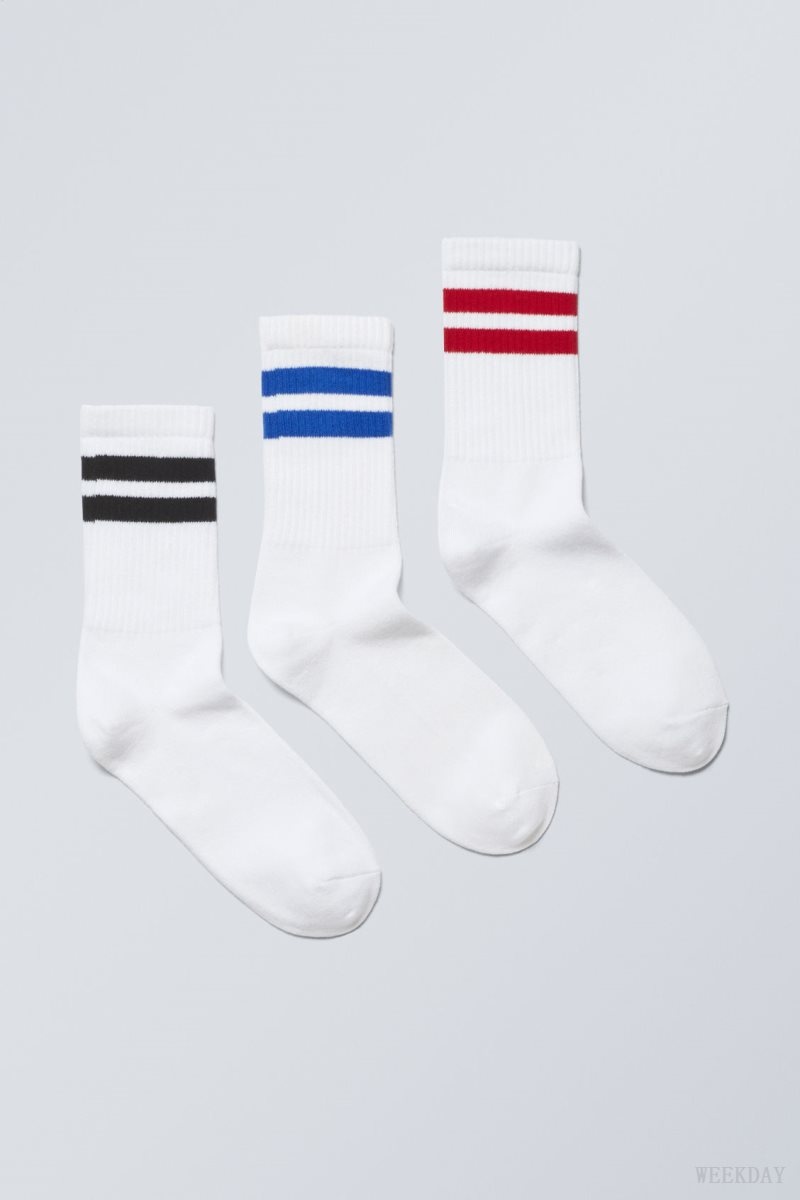 Weekday 3-pack Sport Striped Socks Blue Black Red Stripes | PWFE7921