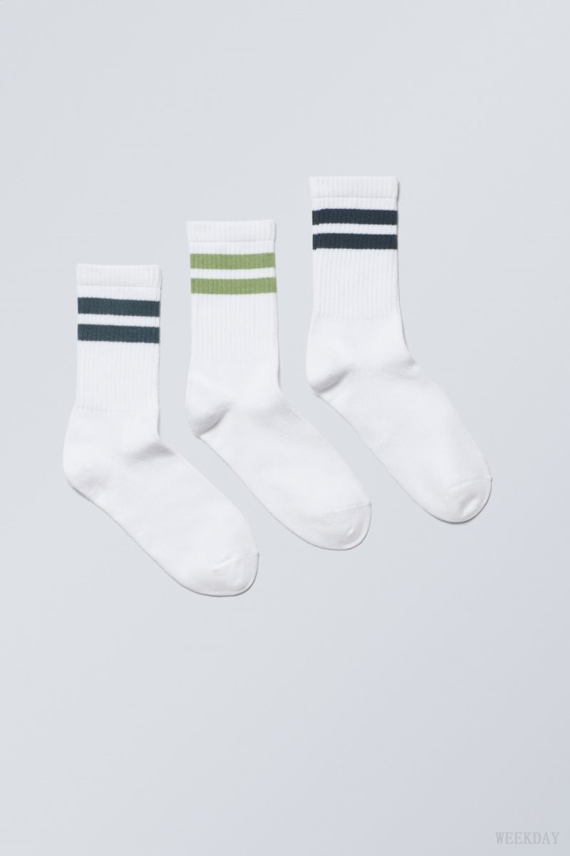 Weekday 3-pack Sport Striped Socks Green Stripes | NKSB2659