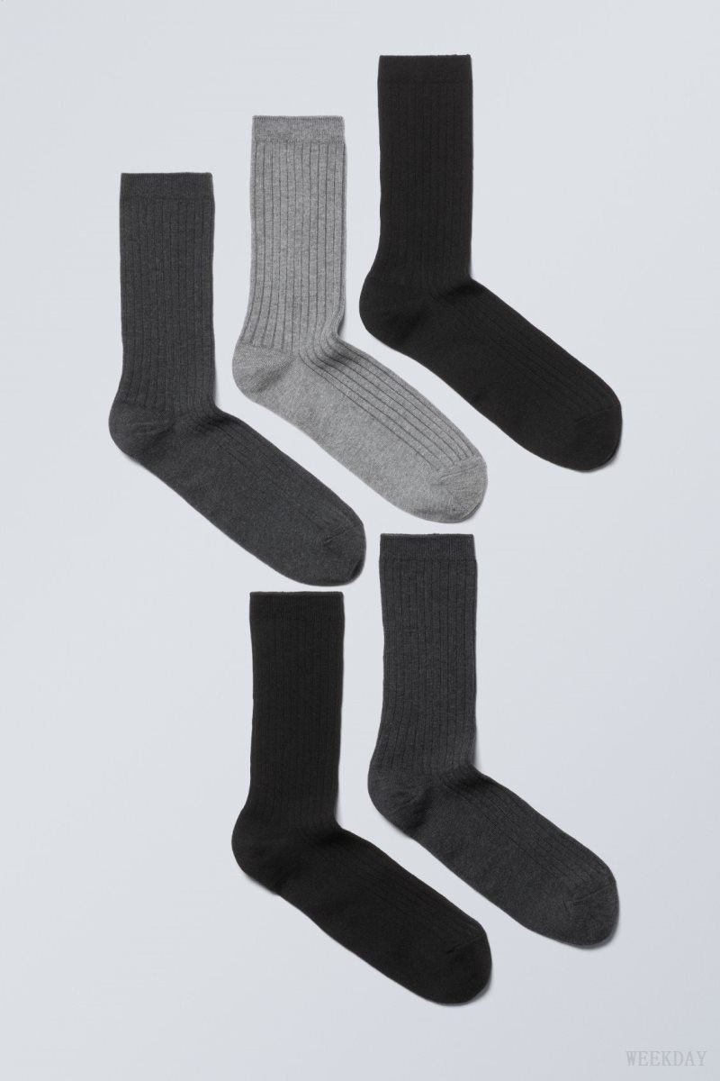 Weekday 5-pack Rib Socks Black Grey | HORB5358