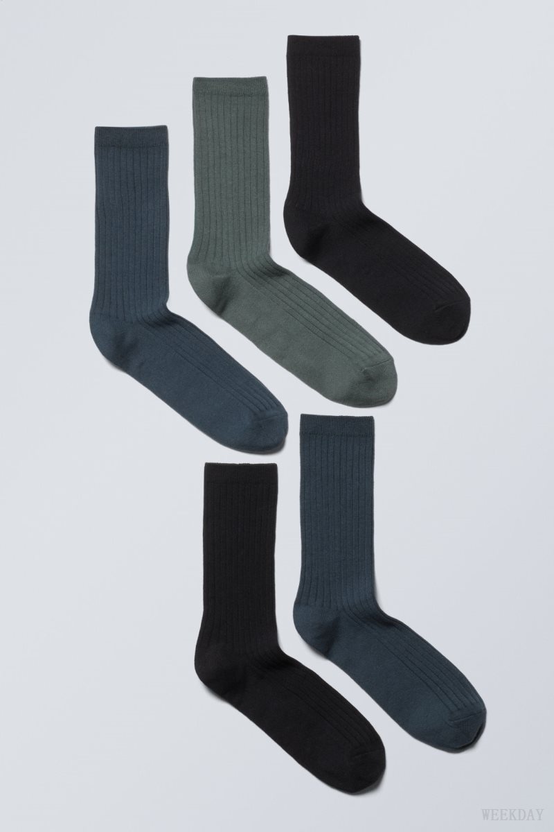 Weekday 5-pack Rib Socks Dark Grey Blue Green | RETE9473