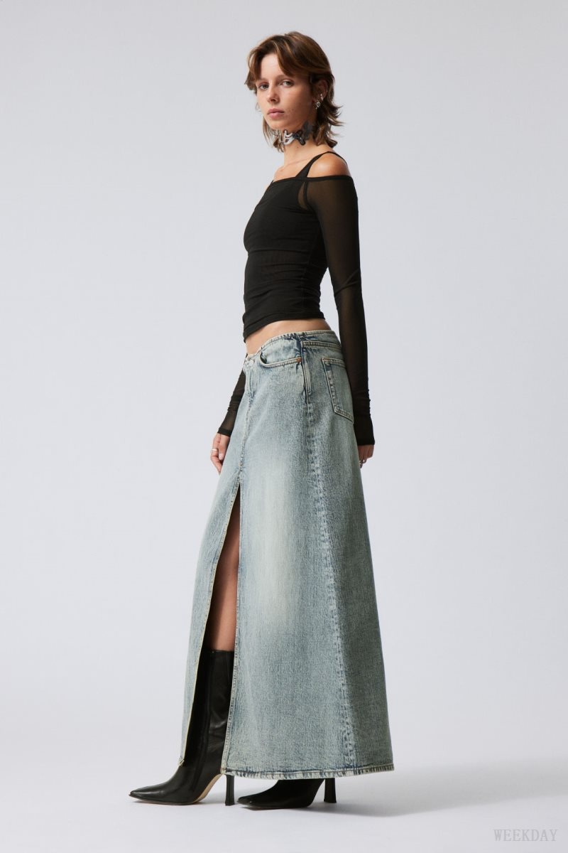 Weekday Anaheim Long Denim Skirt Blue | UFSO8601