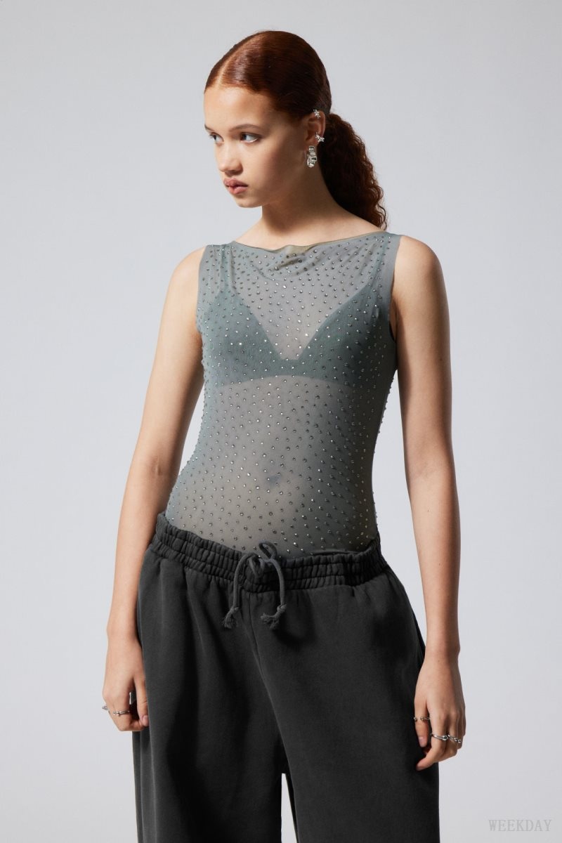 Weekday Annie Rhinestone Mesh Top Grey | PBEY9356