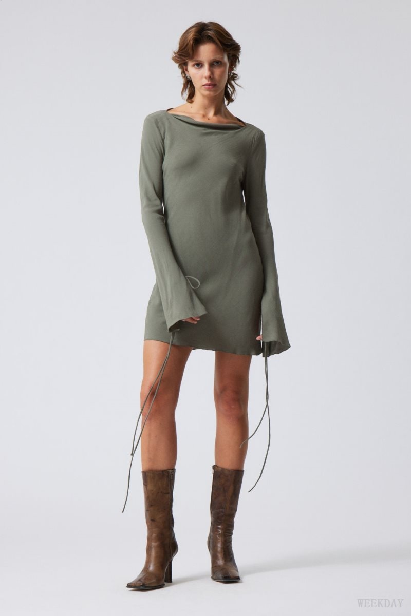 Weekday Bella Mini Dress Khaki Green | NRXZ0059