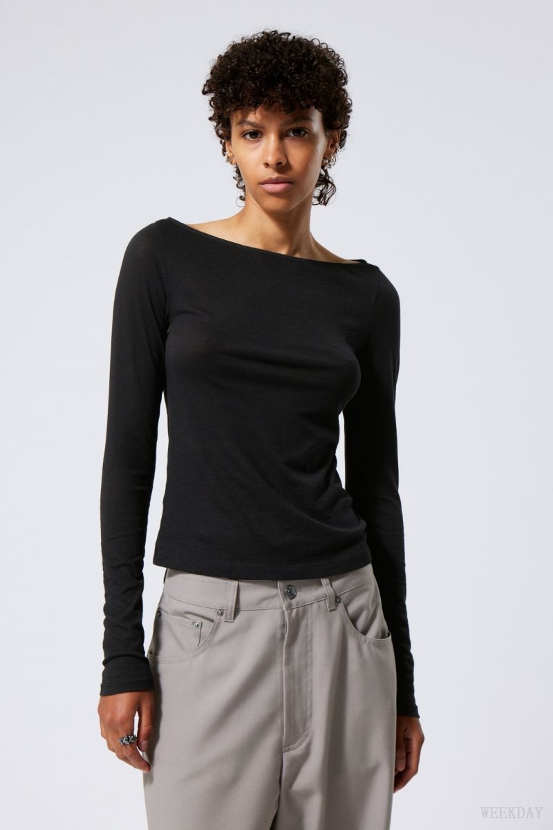 Weekday Boatneck Fitted Long Sleeve Top Black | SMED4718