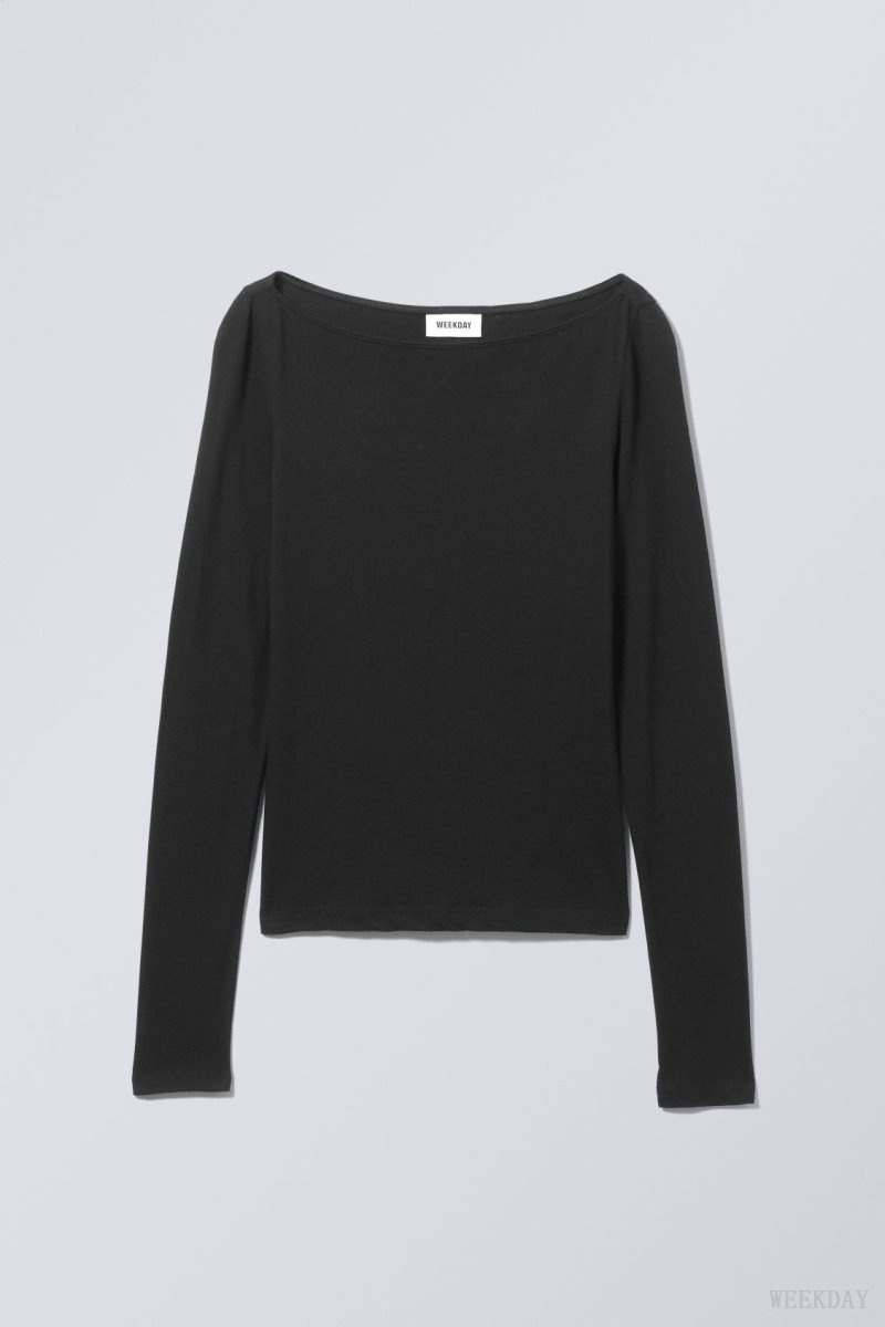 Weekday Boatneck Fitted Long Sleeve Top Black | SMED4718