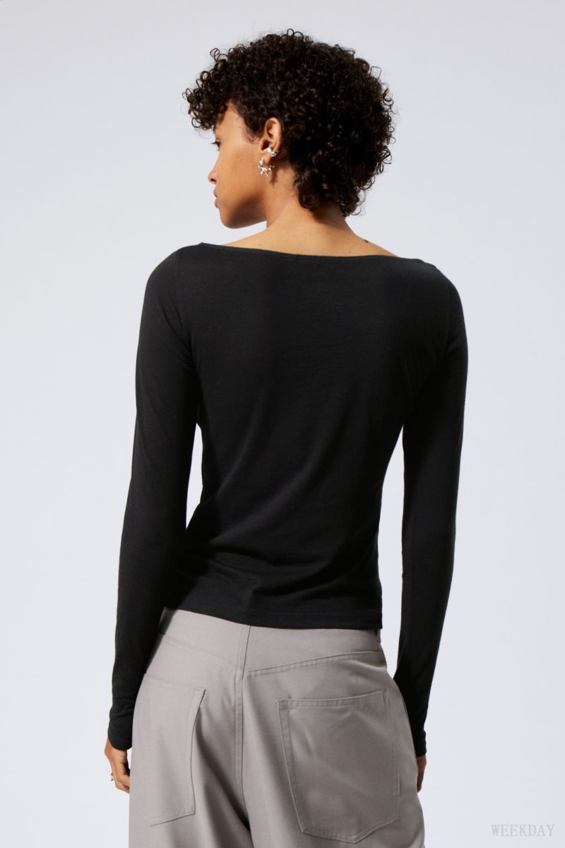 Weekday Boatneck Fitted Long Sleeve Top Black | SMED4718