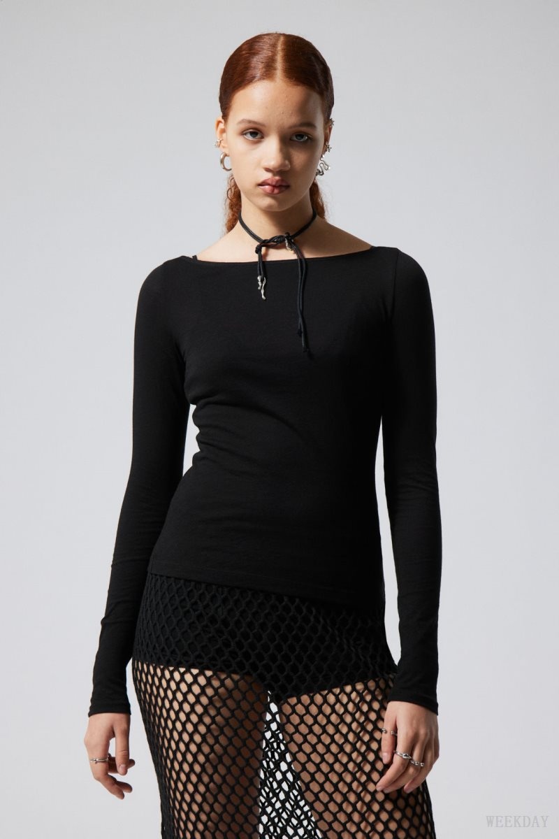 Weekday Boatneck Fitted Long Sleeve Top Black | SMED4718