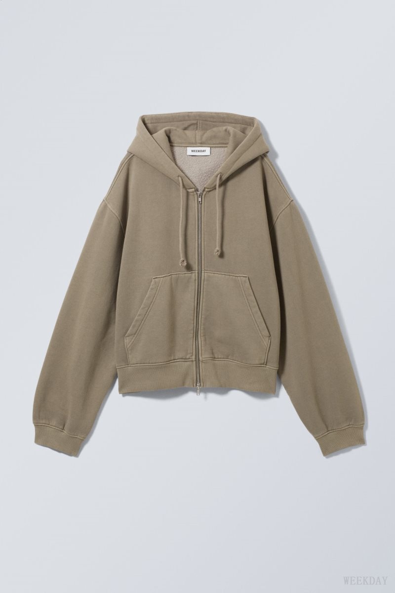 Weekday Boxy Heavyweight Zip Hoodie Dusty Mole | CIFM9660