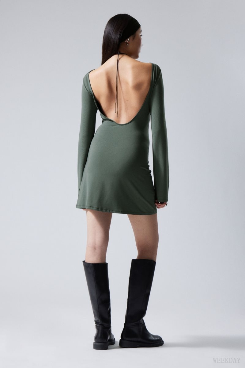 Weekday Clair Open Back Mini Dress Green | WOTL4762