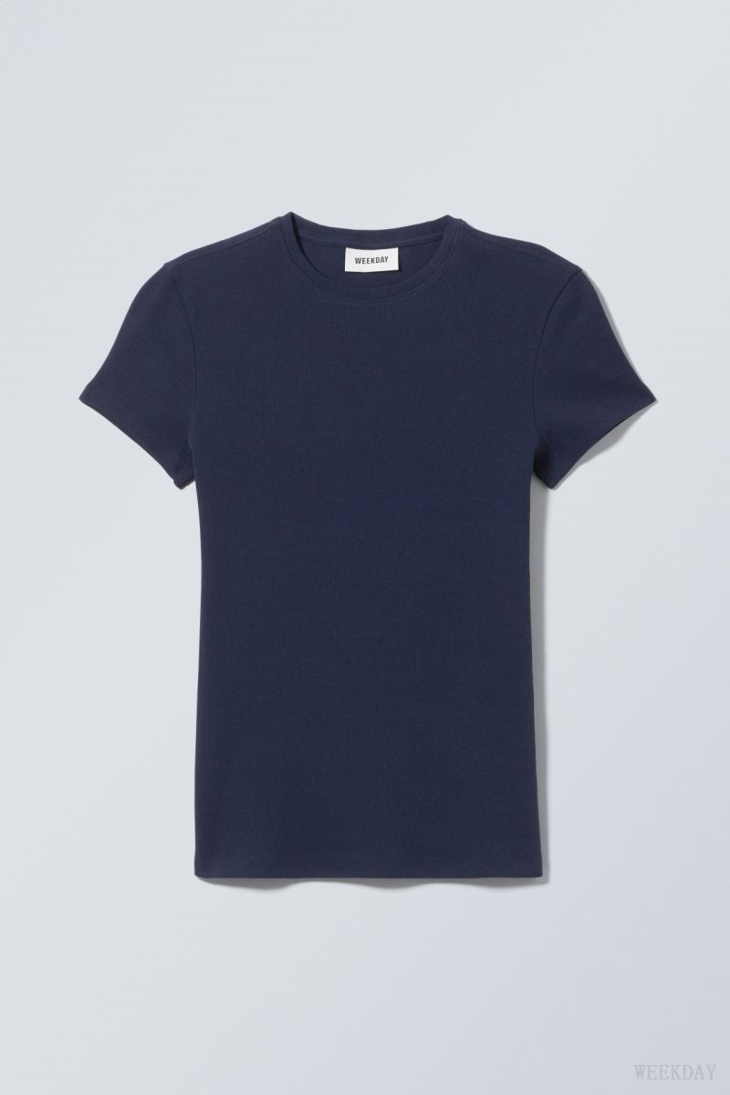 Weekday Close Fitted Rib T-Shirt Dark Blue | TFPG7648