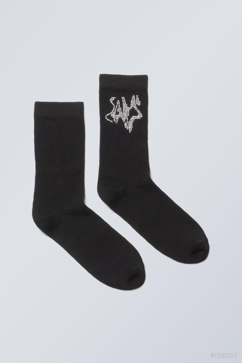 Weekday Cotton Rhinestone Socks Black | HNBX1364