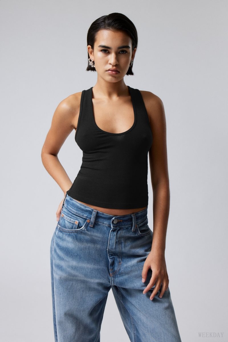 Weekday Deep U-Neck Tank Top Black | JHWF3923