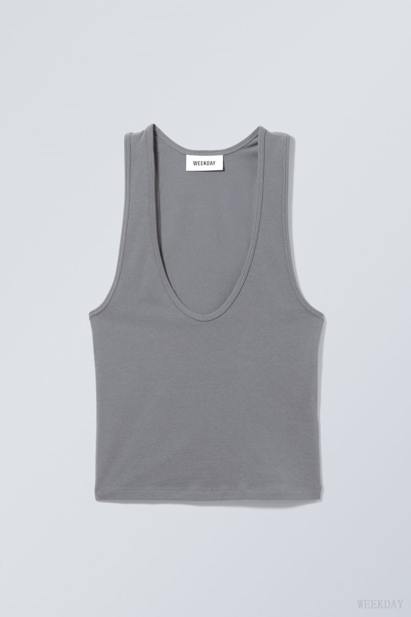 Weekday Deep U-Neck Tank Top Dark Grey | VOUB7410