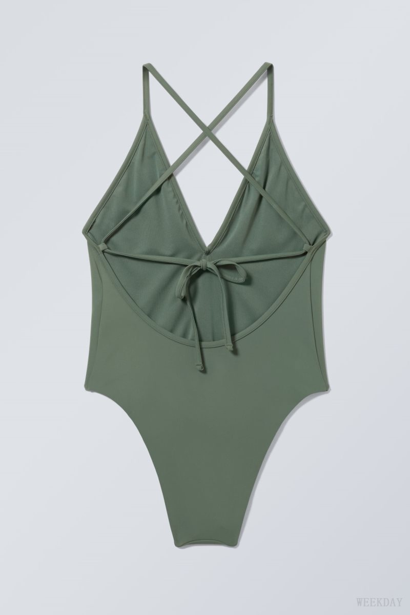 Weekday Deep V-neck Swimsuit Green | HTXO0119