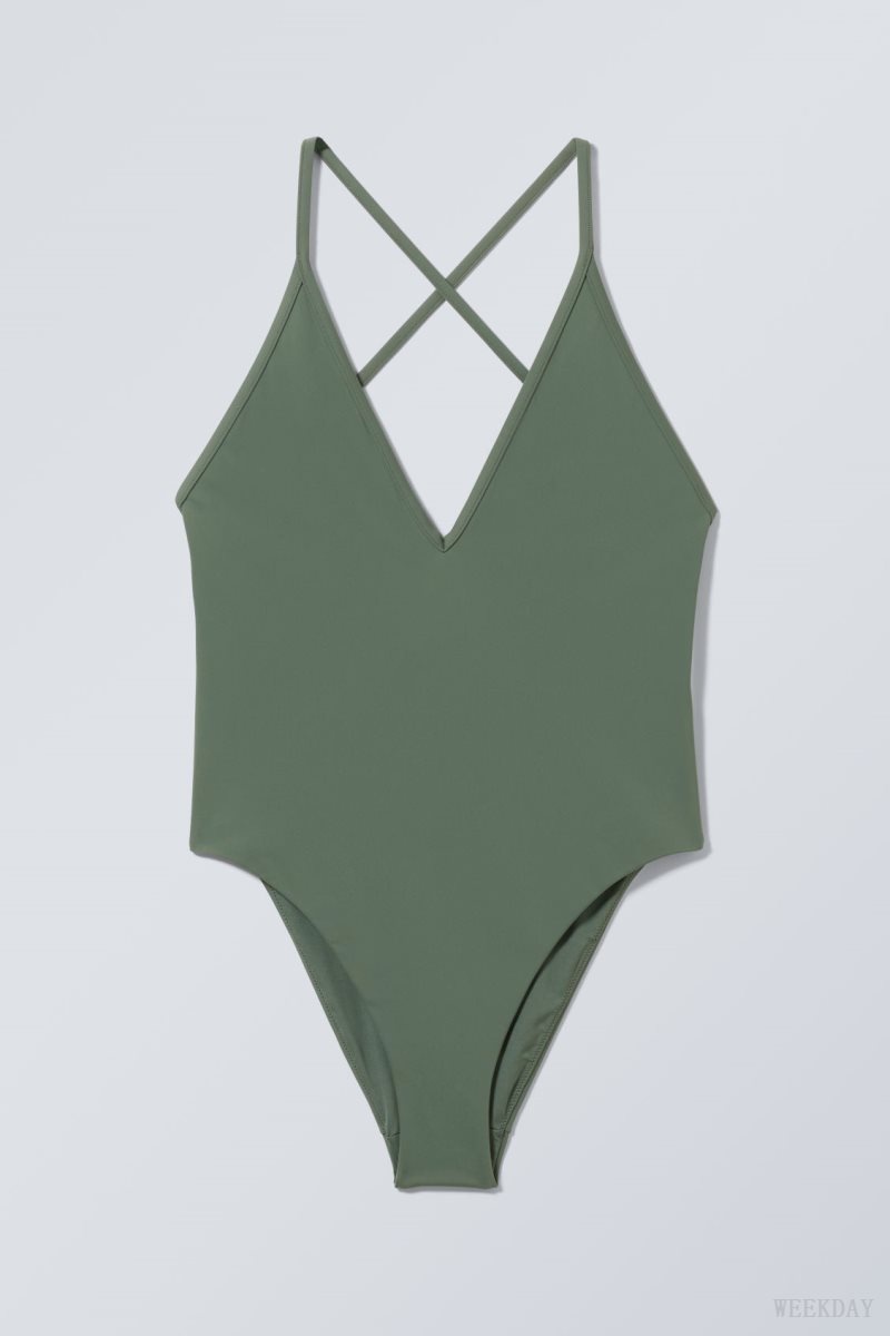 Weekday Deep V-neck Swimsuit Green | HTXO0119