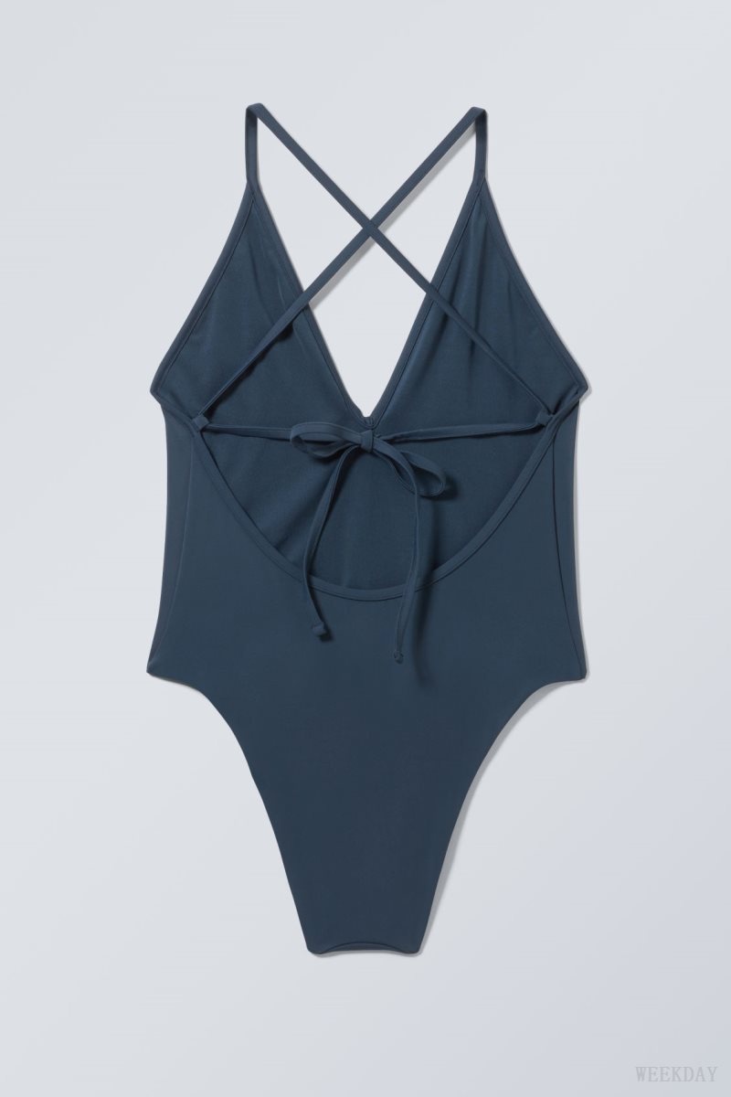 Weekday Deep V-neck Swimsuit Navy | SNFV6120