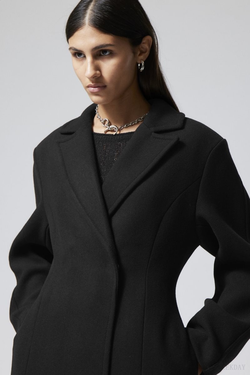 Weekday Delia Waisted Wool Blend Coat Black | AQVI3449