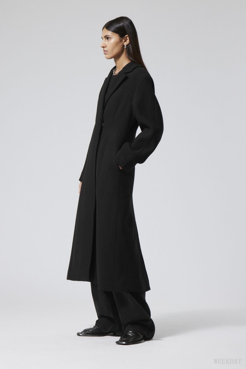 Weekday Delia Waisted Wool Blend Coat Black | AQVI3449