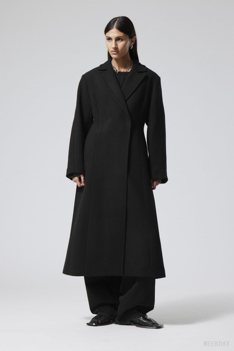 Weekday Delia Waisted Wool Blend Coat Black | AQVI3449