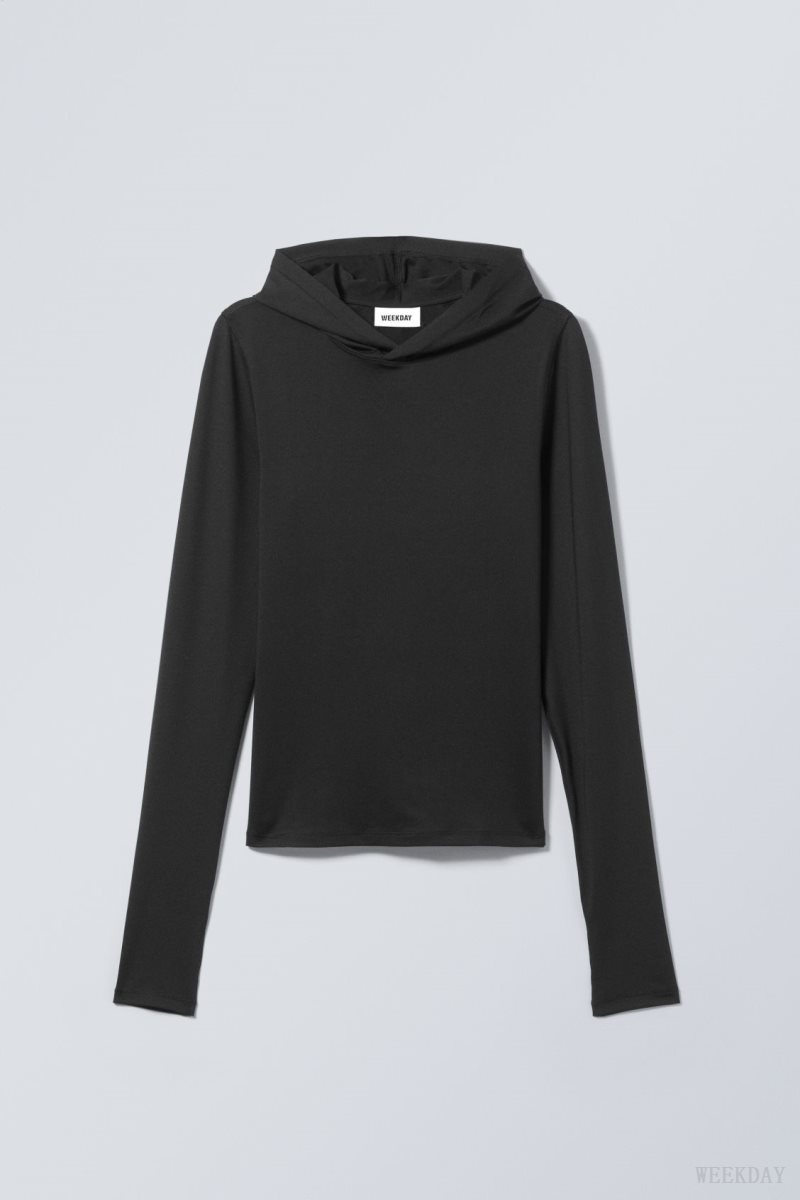 Weekday Emily Hooded Longsleeve Top Black | GISX6870