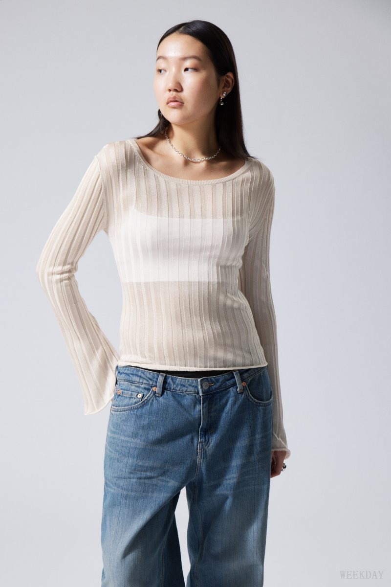 Weekday Enora Sheer Knit Long Sleeve Top Light Mole | VUBR3272