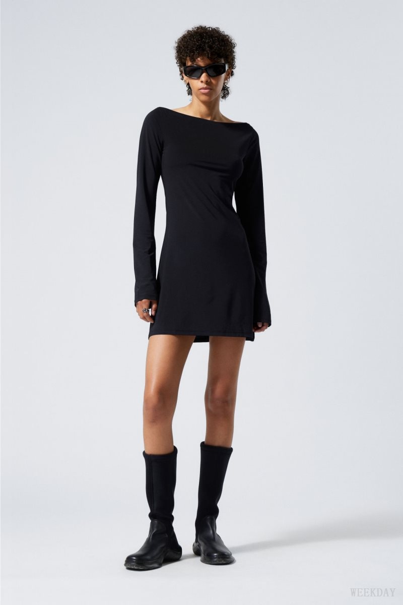 Weekday Era Boat Neck Mini Dress Black | JZNZ9817