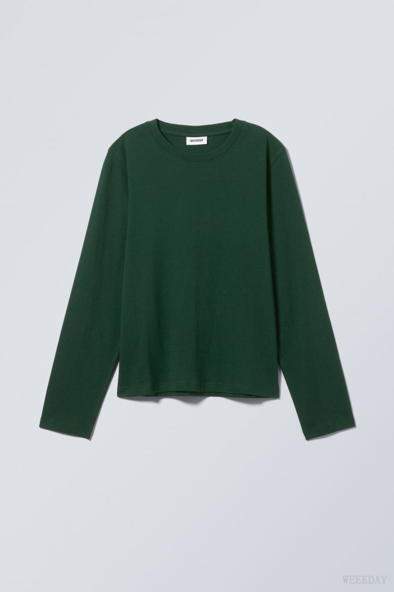 Weekday Essence Standard Long Sleeve Dark Green | KYUA0144