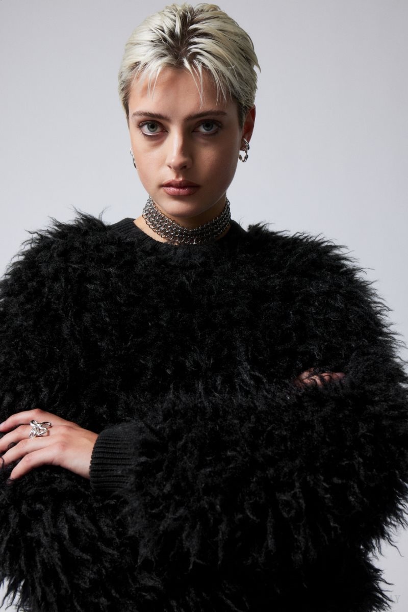 Weekday Fluffy Faux Fur Sweatshirt Black | TLYE0061