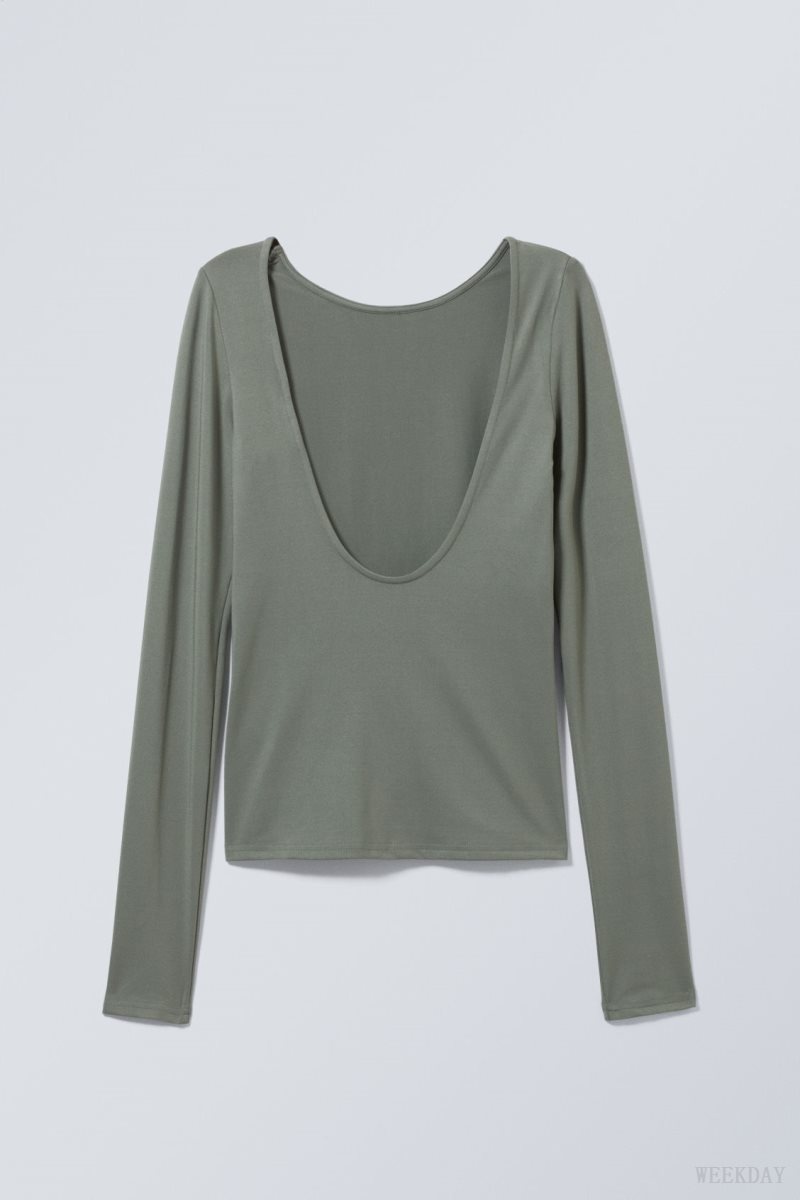 Weekday Gizem Open Back Long Sleeve Top Khaki Green | HKFV4840