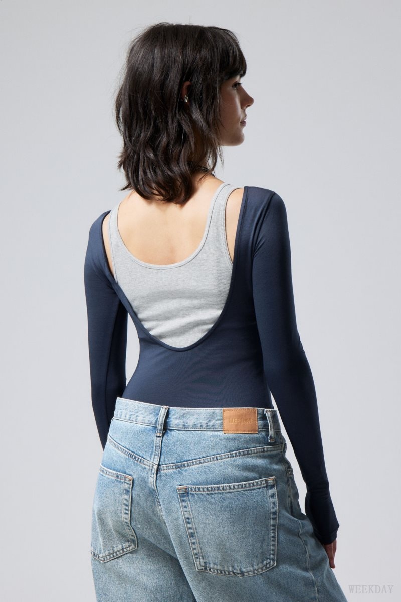 Weekday Gizem Open Back Long Sleeve Top Dark Blue | CBTE0745