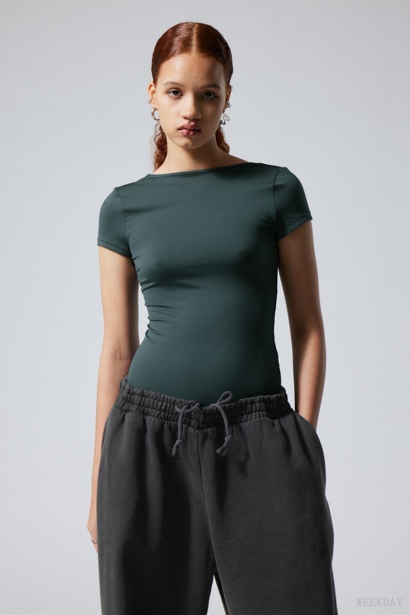 Weekday Gizem Open Back T-shirt Dark Turquoise | BAXF3292