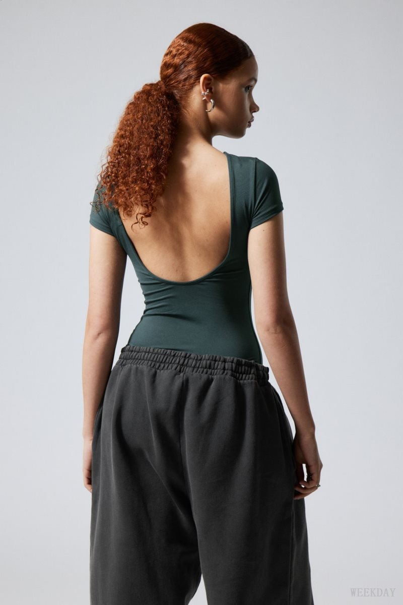 Weekday Gizem Open Back T-shirt Dark Turquoise | BAXF3292