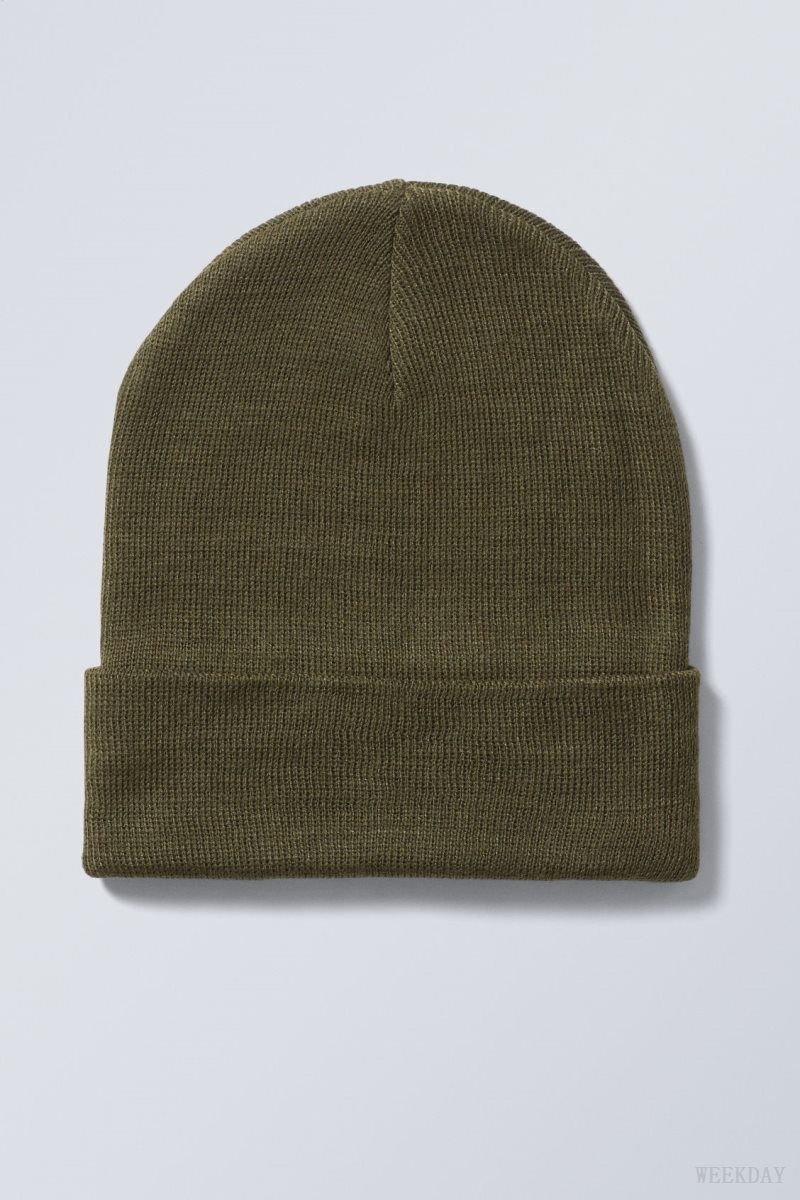 Weekday Ivy Knit Beanie Dark Khaki Green | LMBZ1613