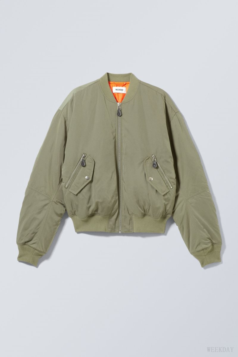 Weekday Jon Bomber Jacket Khaki Green | UMXZ3293