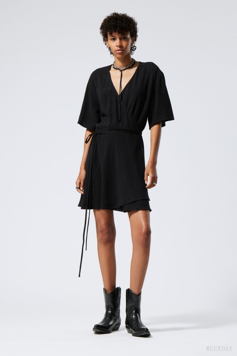 Weekday Kimberly Linen Mix Dress Black | HXCY8593