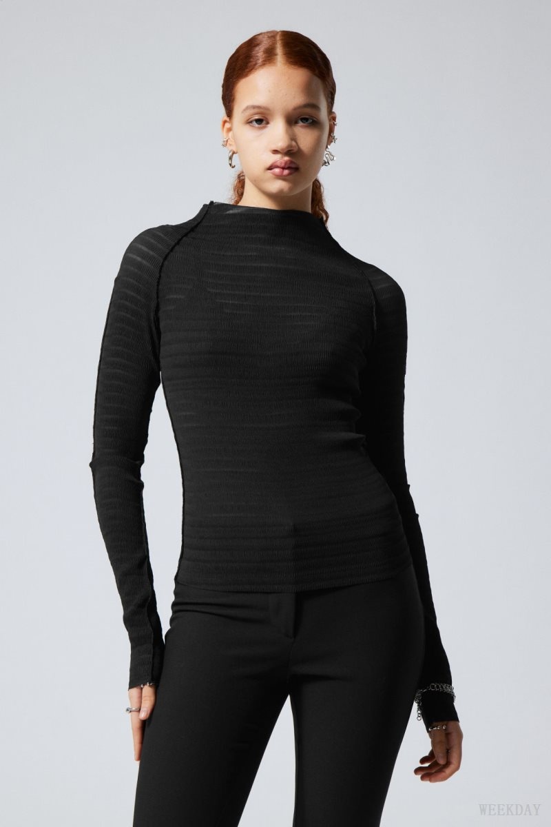 Weekday Laura Long Sleeve Pleated Top Black | CSUU9518