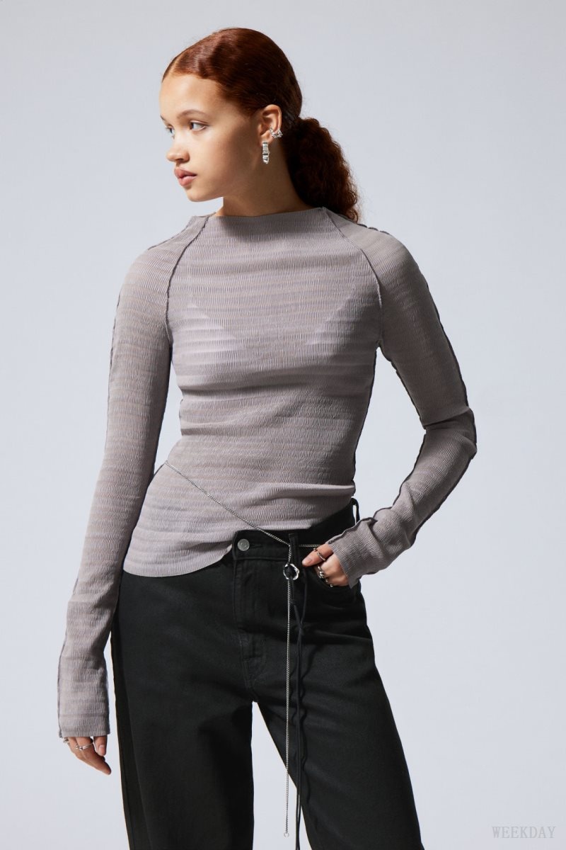 Weekday Laura Long Sleeve Pleated Top Light Grey | RETX0144