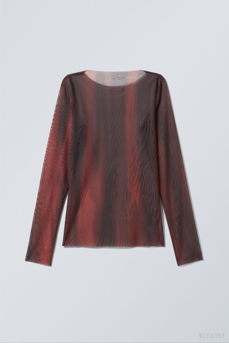 Weekday Long Sleeve Printed Mesh Top Red | EBLZ7723