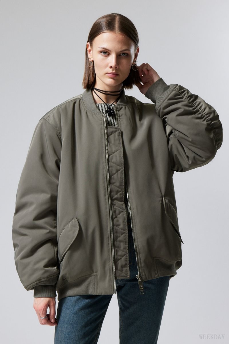 Weekday Lui Oversized Bomber Jacket Khaki Green | JFDQ9433