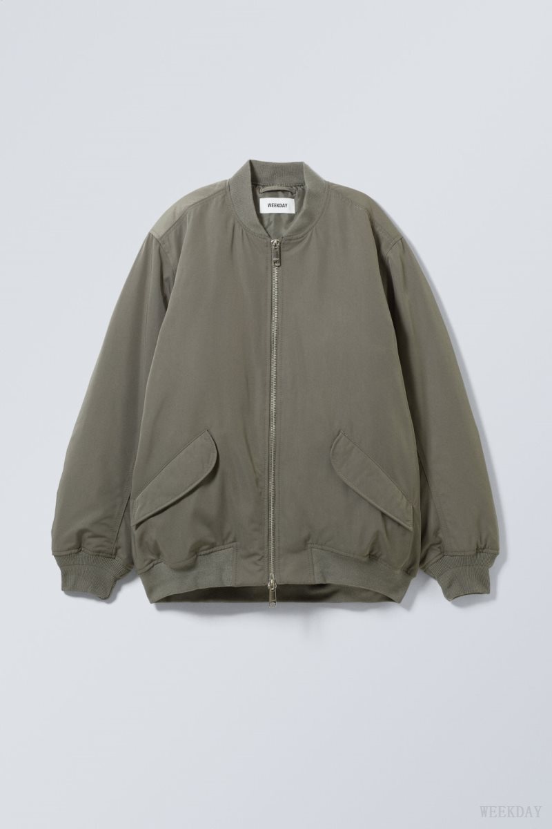 Weekday Lui Oversized Bomber Jacket Khaki Green | JFDQ9433