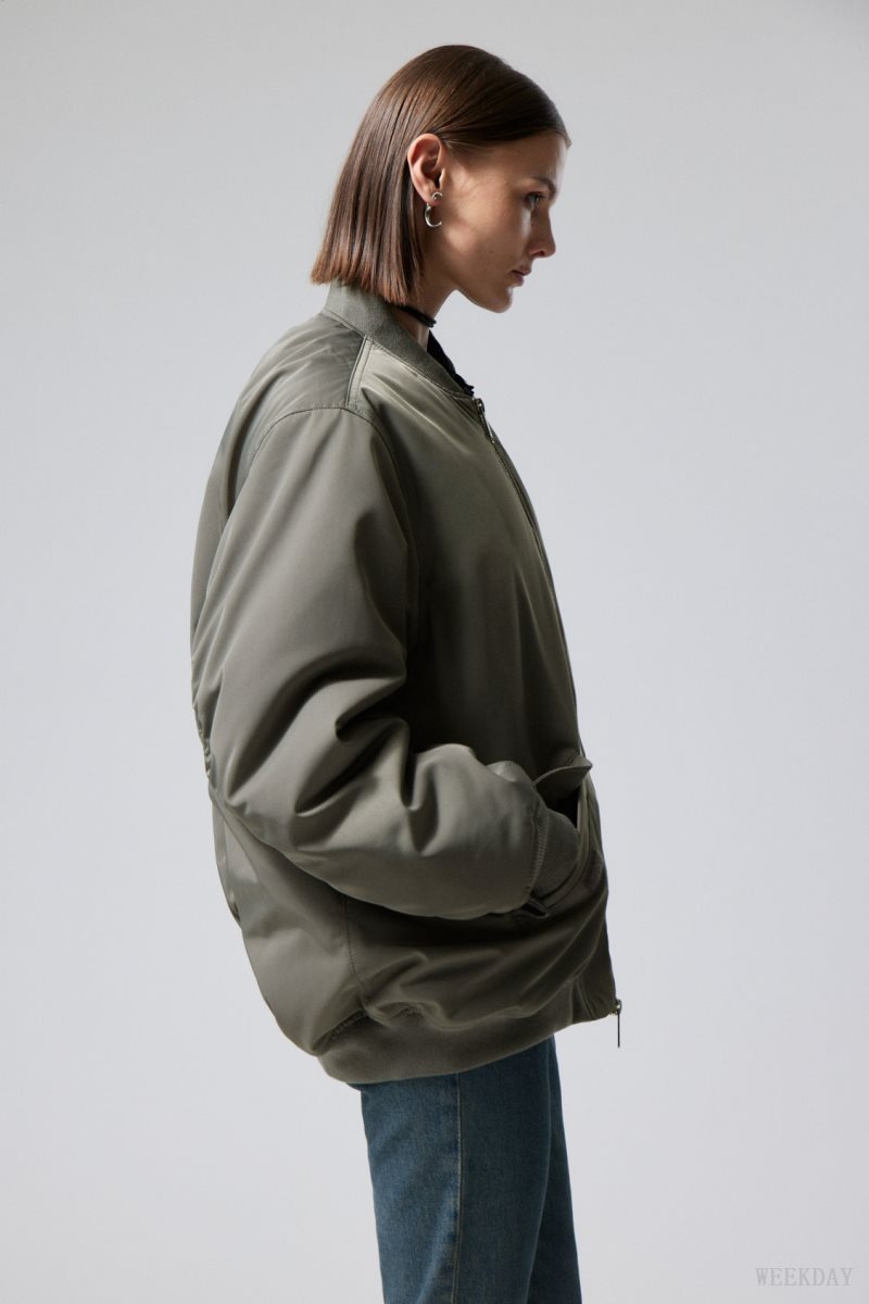 Weekday Lui Oversized Bomber Jacket Khaki Green | JFDQ9433