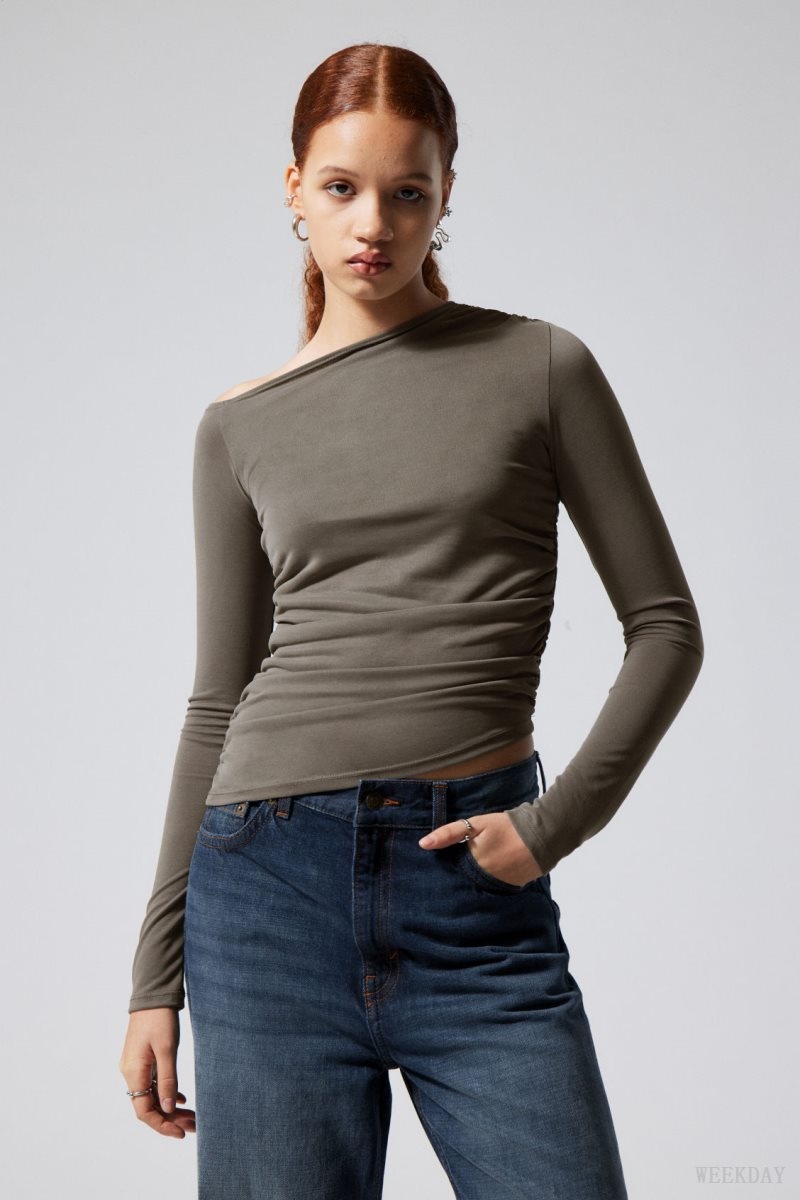 Weekday Main Asymmetric Long Sleeve Dark Khaki | XNYR3487