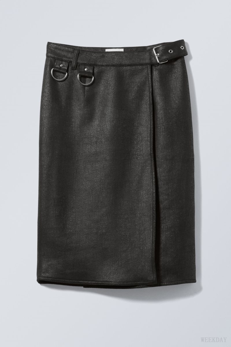 Weekday Oda Coated Faux Leather Midi Skirt Black | MCSZ8765