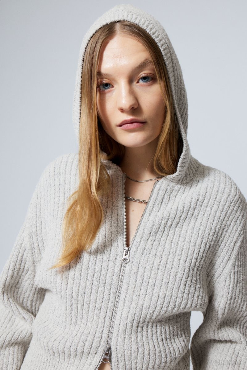 Weekday Ofelia Rib Knit Zip Hoodie White | ZQUS4613