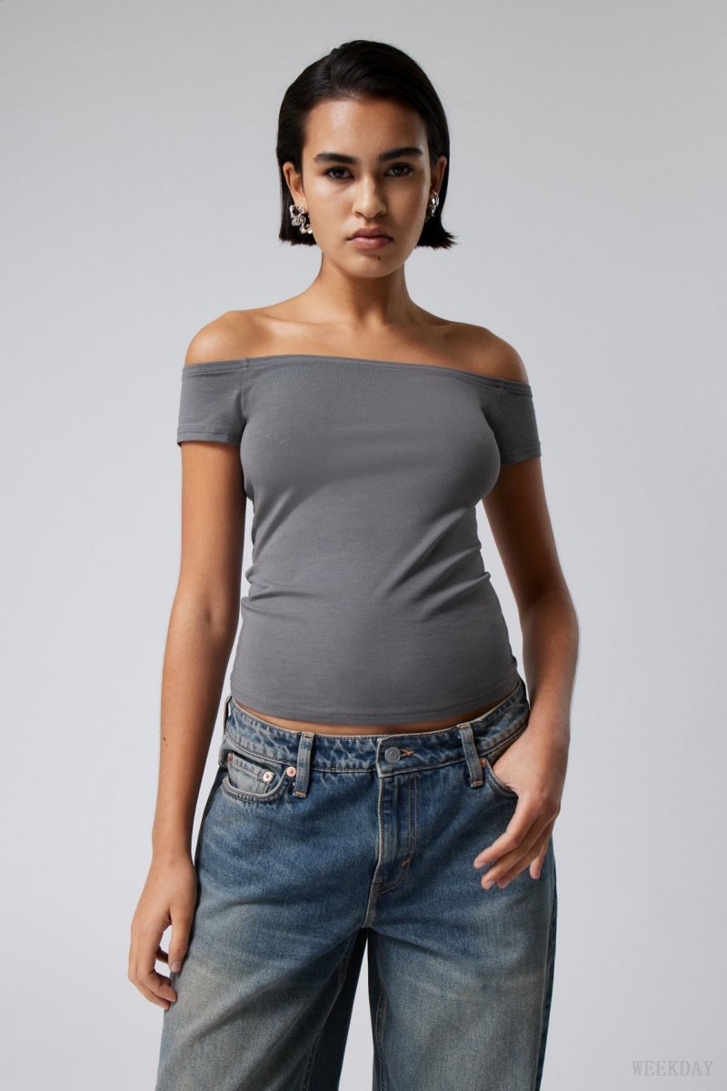 Weekday Off Shoulder T-shirt Dark Grey | UMGN5914