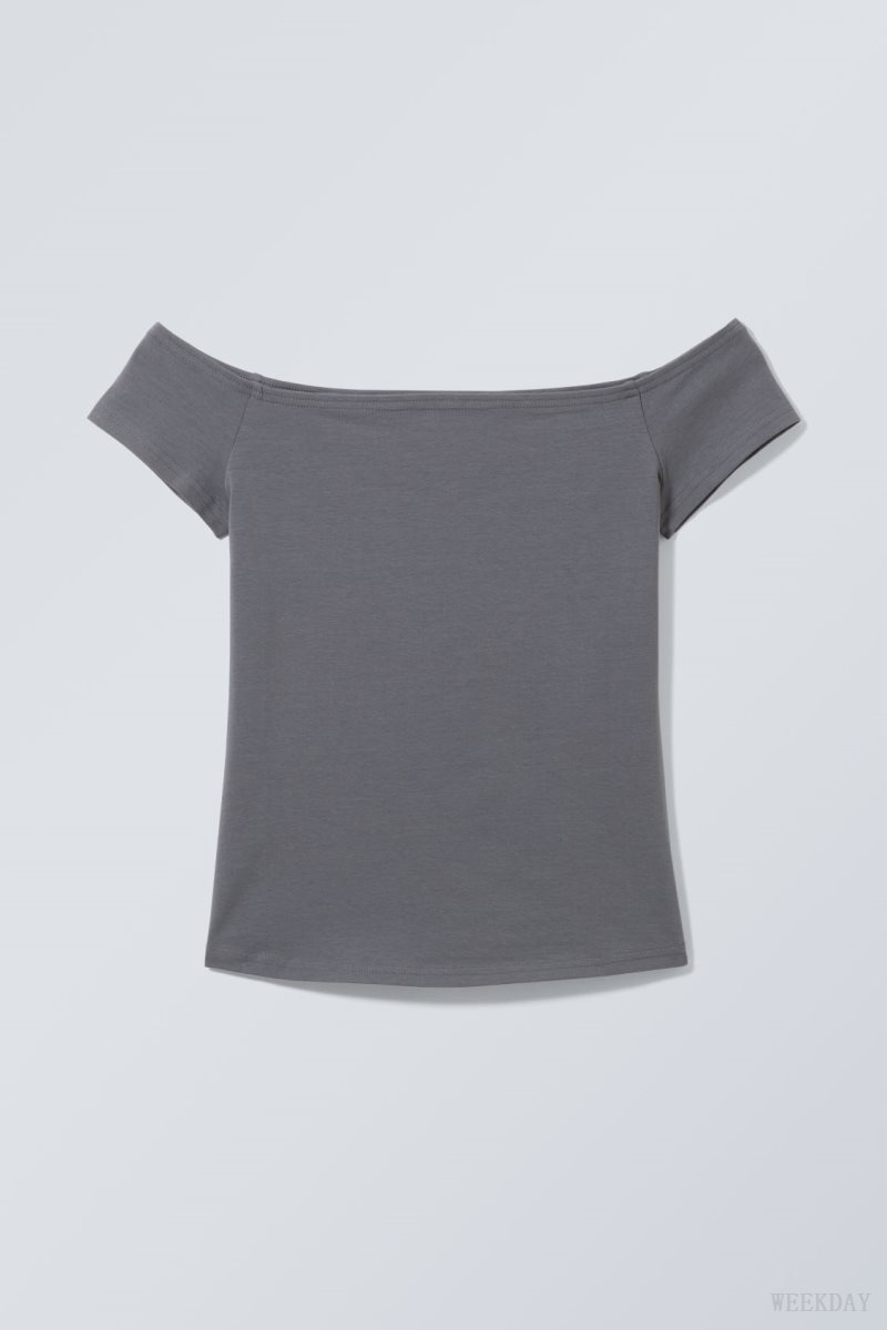 Weekday Off Shoulder T-shirt Dark Grey | UMGN5914