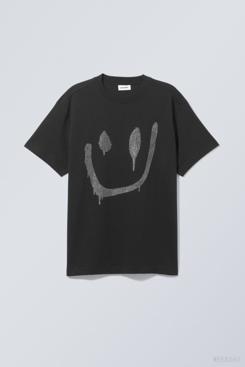 Weekday Oversized Graphic Printed T-shirt Drippy Rhinestone Smiley | FTMA1040