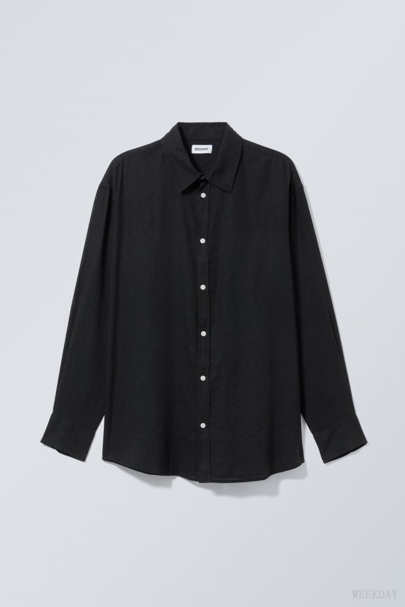 Weekday Oversized Linen Shirt Black | UFQV1832